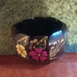 Wooden Bracelet with Hand Painted Flowers